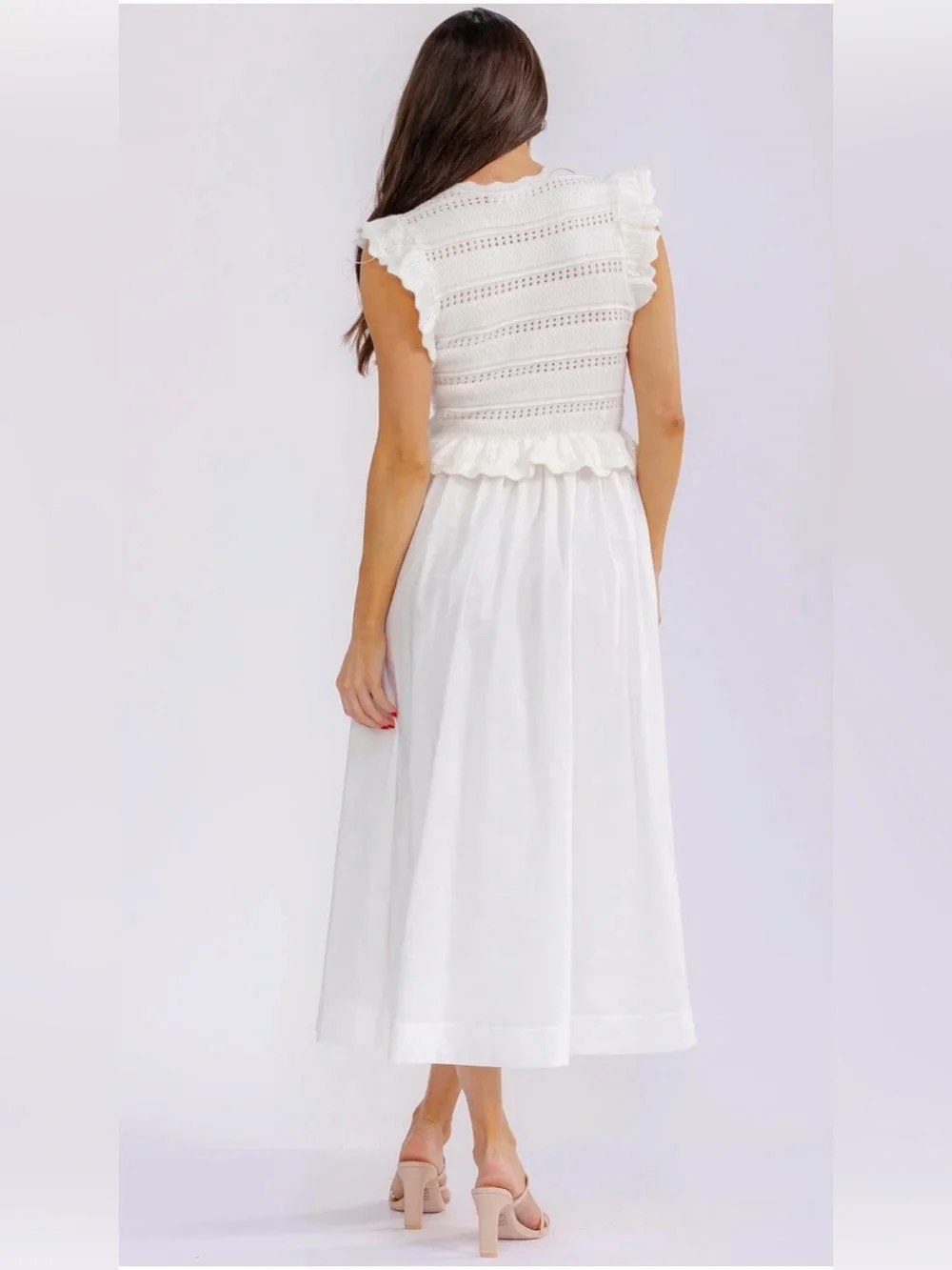 A602. Mable White Ruffled Sweater Top Midi Dress - Picture 3 of 4